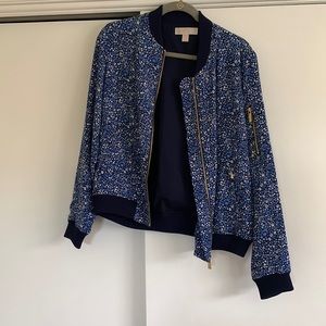 Michael Kors Blue and White Floral Bomber Jacket - Size Medium